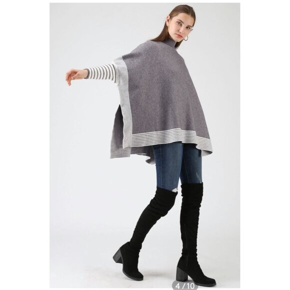 ChicWish Sweater Womens M-L Gray Colorblock Striped Knit Poncho Moc Neck Dolman - Picture 4 of 13